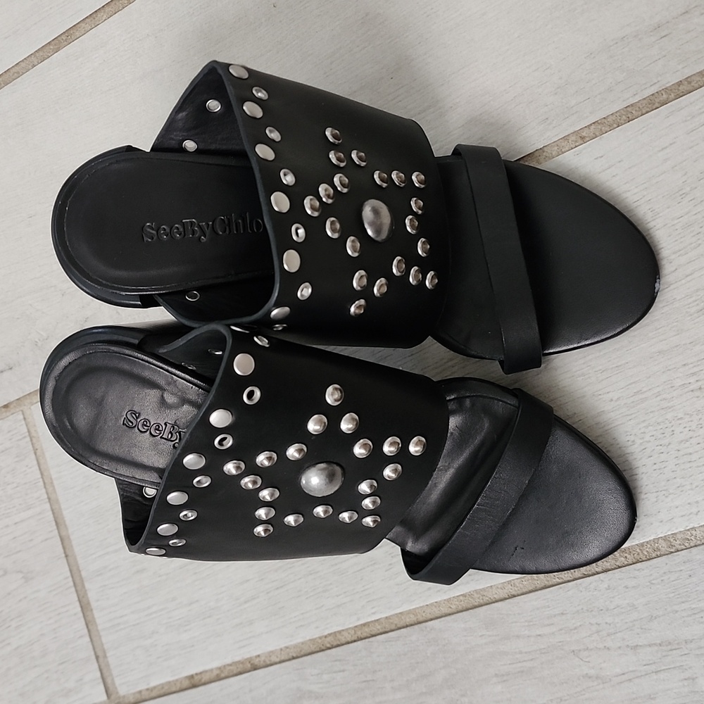 See by Chloe Black Leather Studded Star Open Toe Heeled Sandal